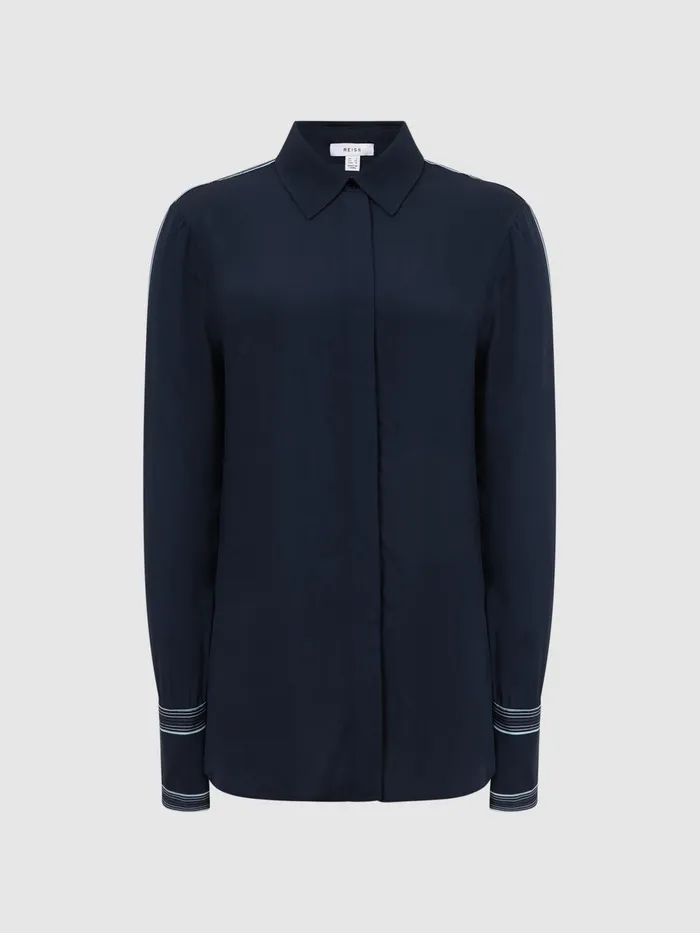 Women Chiara Fitted Side Striped Dip Hem Blouse Navy Reiss Tops