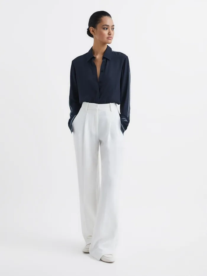 Women Chiara Fitted Side Striped Dip Hem Blouse Navy Reiss Tops