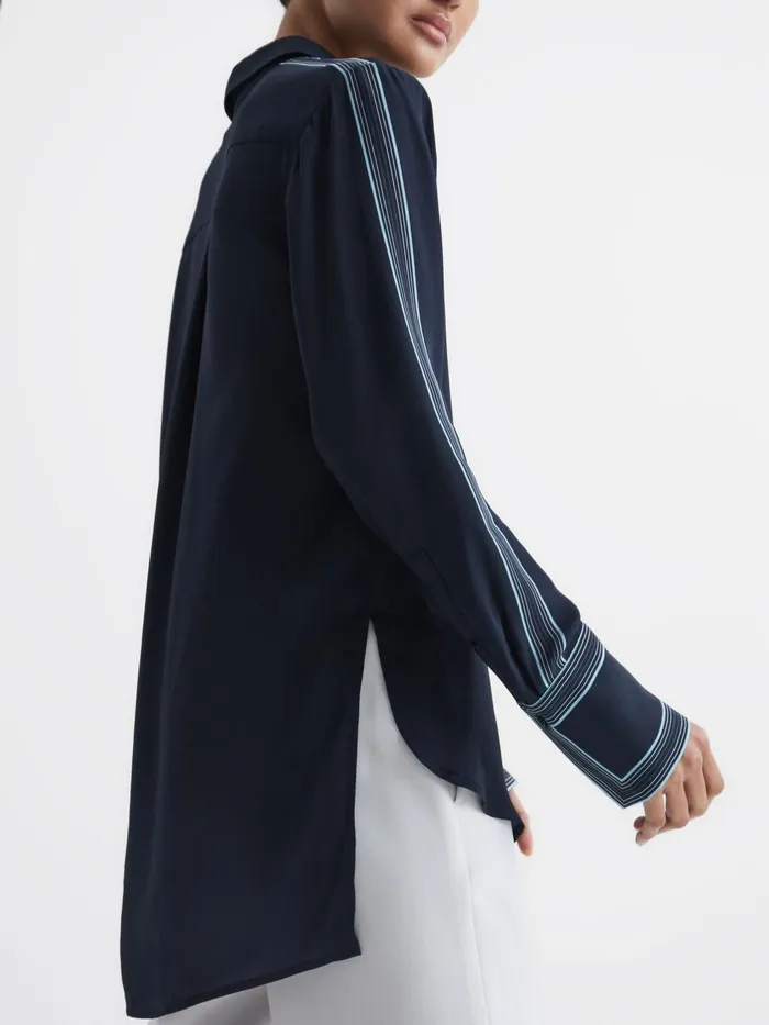 Women Chiara Fitted Side Striped Dip Hem Blouse Navy Reiss Tops