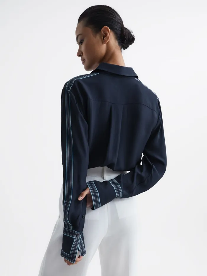 Women Chiara Fitted Side Striped Dip Hem Blouse Navy Reiss Tops