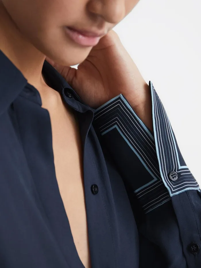 Women Chiara Fitted Side Striped Dip Hem Blouse Navy Reiss Tops