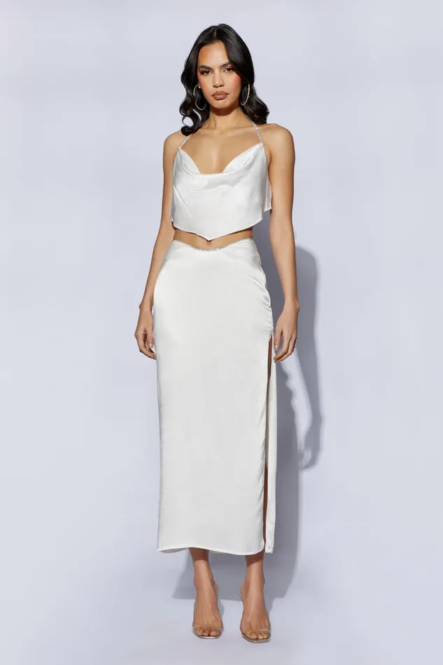 Women Christie Diamante Rope Cowl Neck Top 8211 White White Meshki Crop Tops