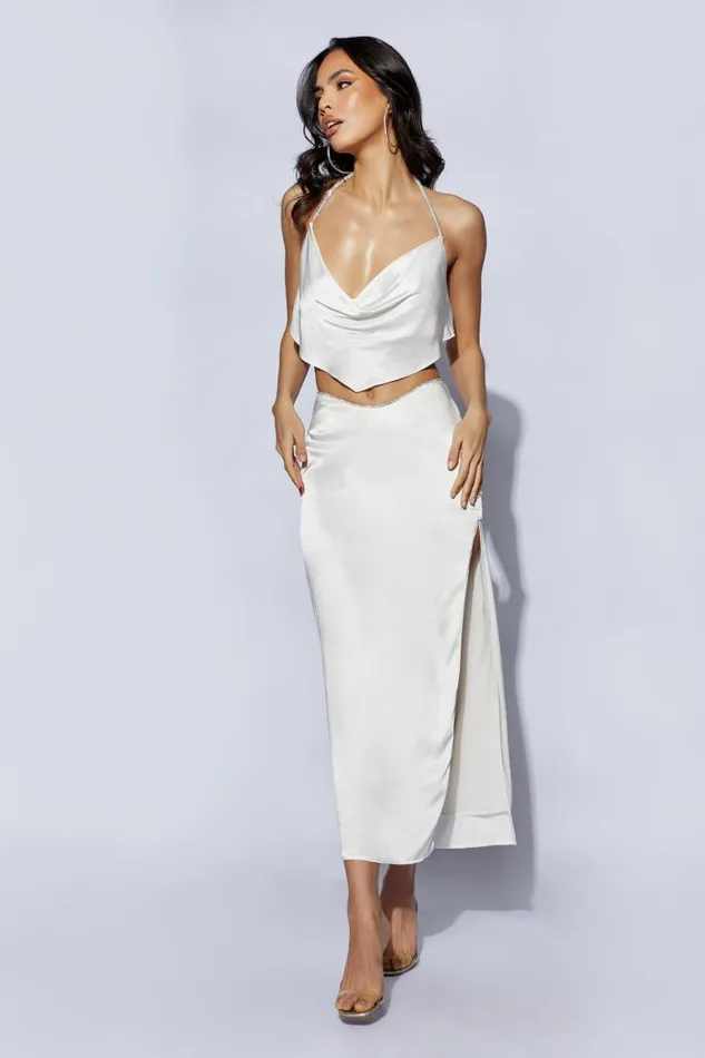 Women Christie Diamante Rope Cowl Neck Top 8211 White White Meshki Crop Tops