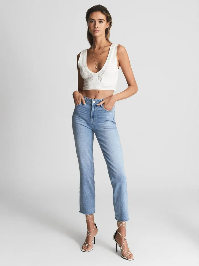 Women Cindy Paige Cindy Straight Leg Raw Hem Jeans Pale Blue Reiss Jeans