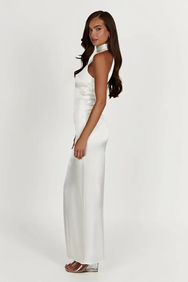 Women Claire Satin Drape Back Maxi Dress 8211 White White Meshki Maxi Dresses