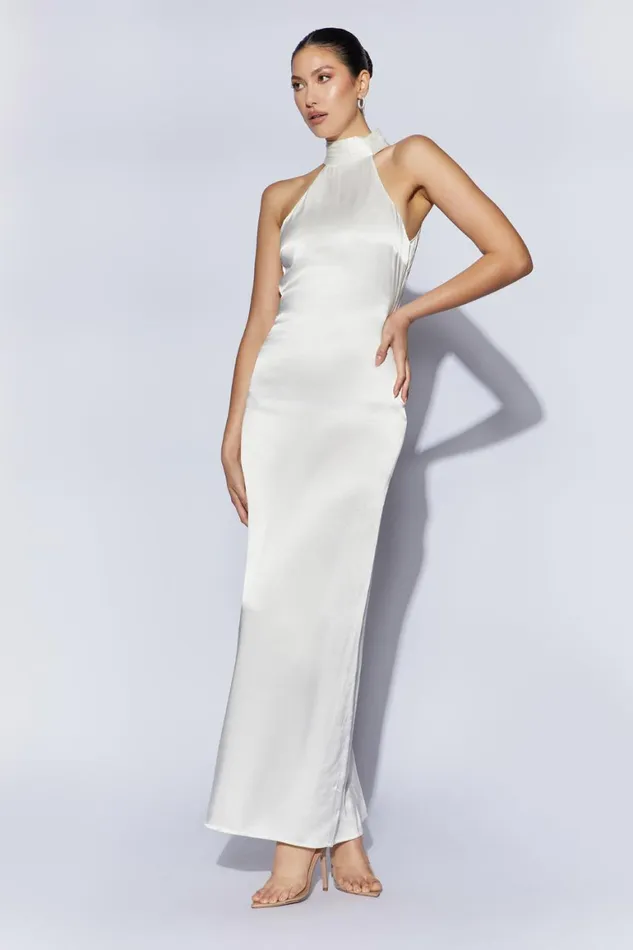 Women Claire Satin Drape Back Maxi Dress 8211 White White Meshki Maxi Dresses