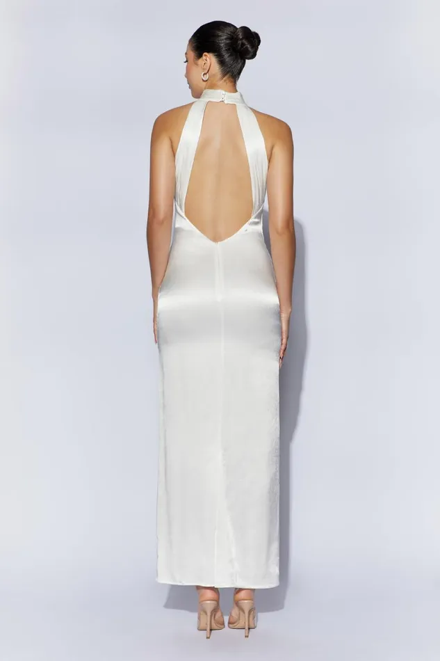 Women Claire Satin Drape Back Maxi Dress 8211 White White Meshki Maxi Dresses