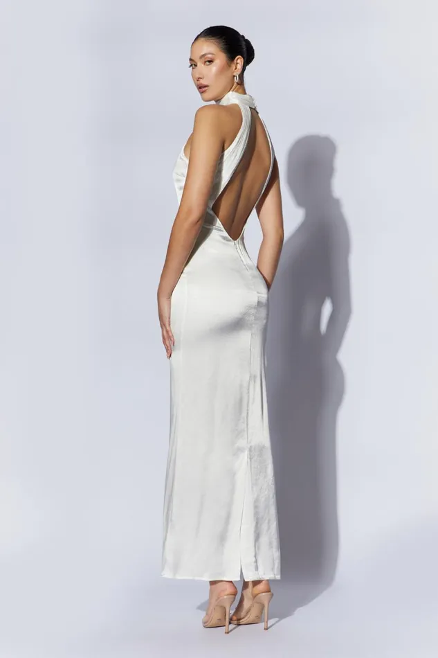 Women Claire Satin Drape Back Maxi Dress 8211 White White Meshki Maxi Dresses