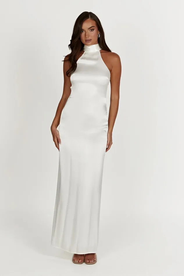 Women Claire Satin Drape Back Maxi Dress 8211 White White Meshki Maxi Dresses