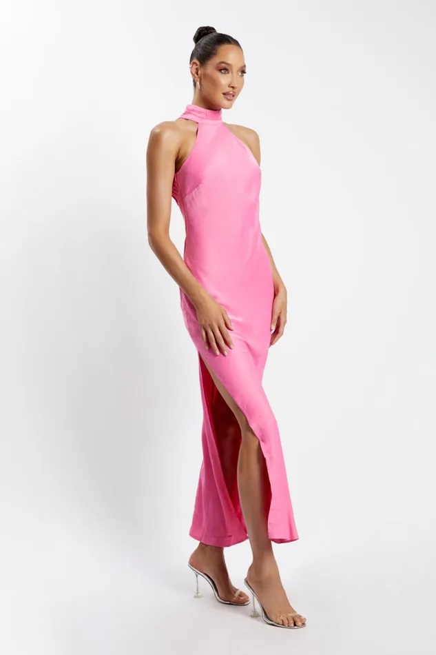 Women Claire Satin Drape Back Maxi Dress With Split 8211 Pink Pink Meshki Maxi Dresses