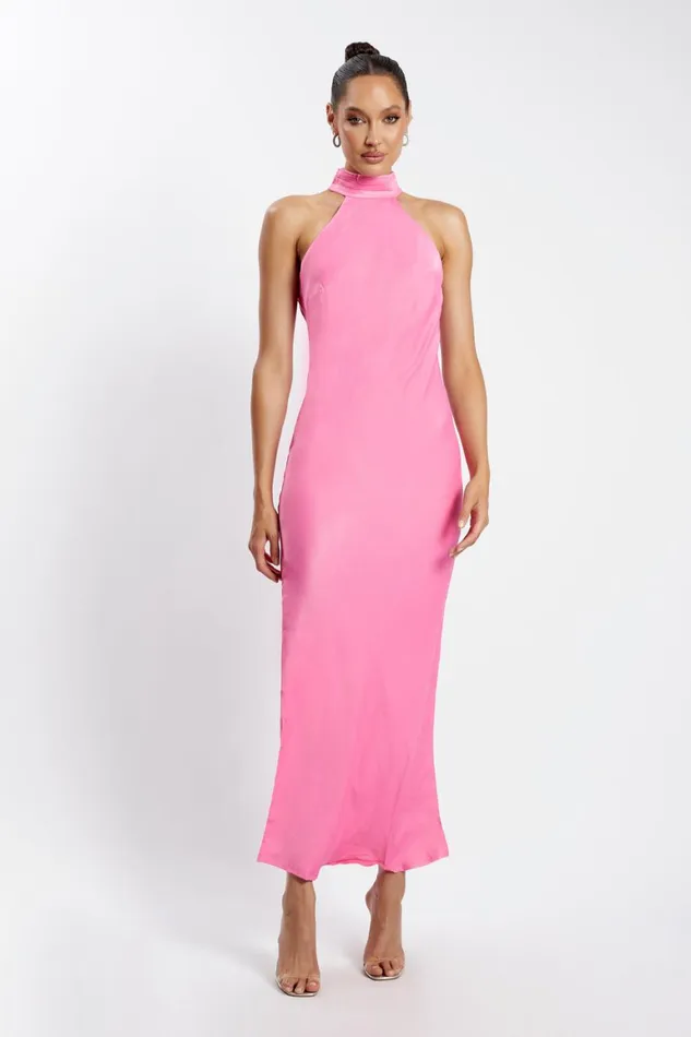 Women Claire Satin Drape Back Maxi Dress With Split 8211 Pink Pink Meshki Maxi Dresses