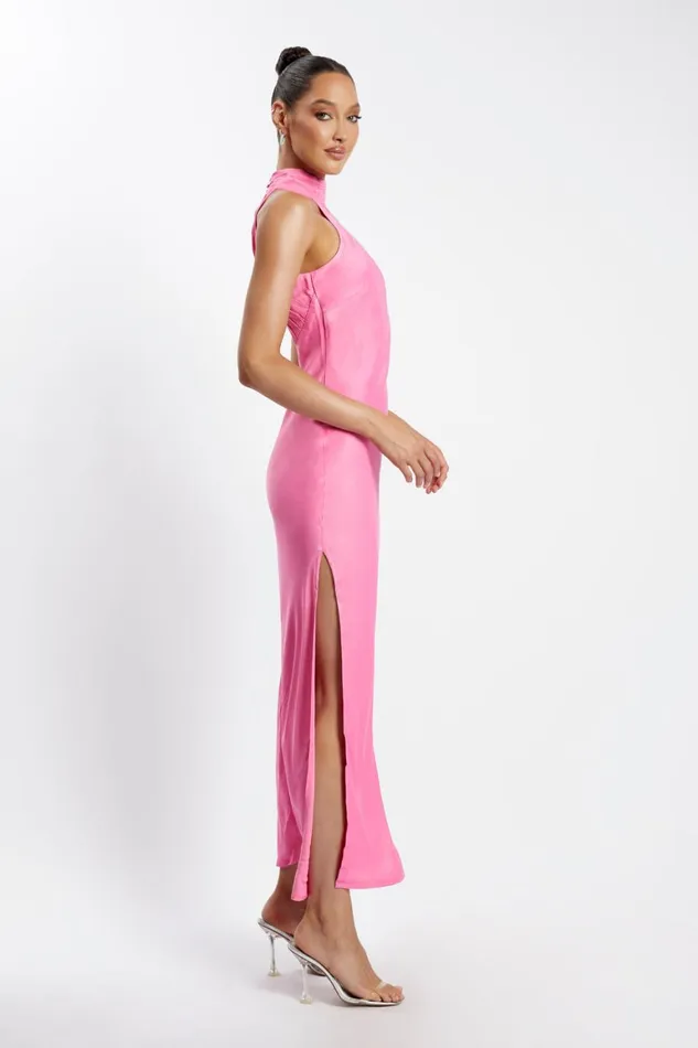 Women Claire Satin Drape Back Maxi Dress With Split 8211 Pink Pink Meshki Maxi Dresses