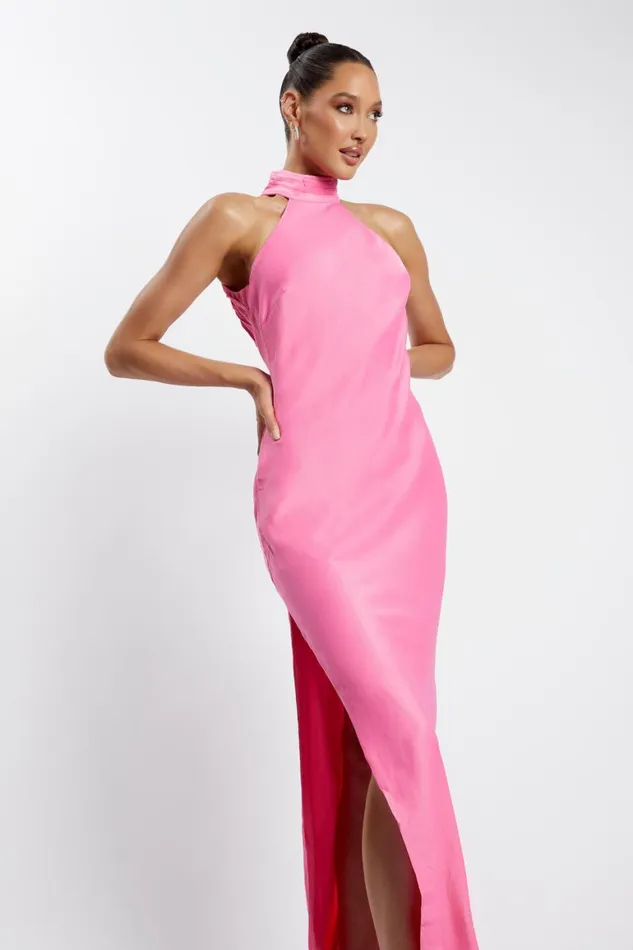 Women Claire Satin Drape Back Maxi Dress With Split 8211 Pink Pink Meshki Maxi Dresses