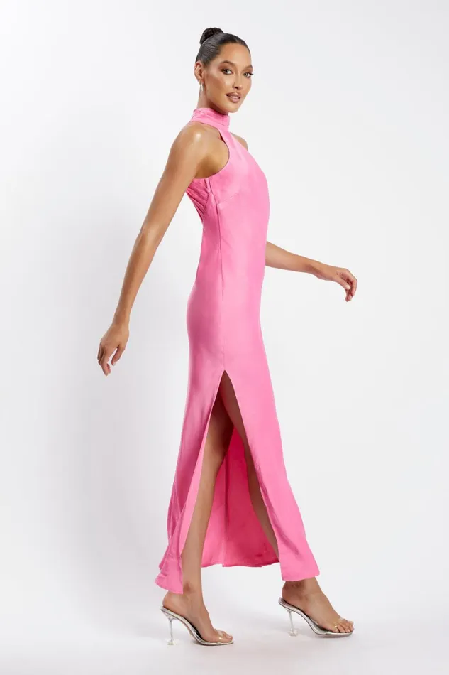 Women Claire Satin Drape Back Maxi Dress With Split 8211 Pink Pink Meshki Maxi Dresses