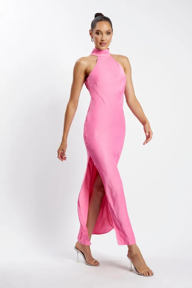 Women Claire Satin Drape Back Maxi Dress With Split 8211 Pink Pink Meshki Maxi Dresses