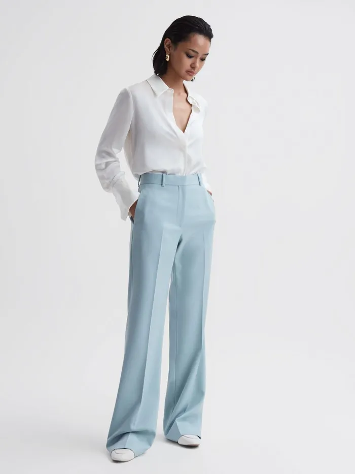 Women Clara Wide Leg Wool Blend Trousers Blue Reiss Trousers