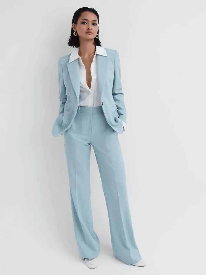 Women Clara Wide Leg Wool Blend Trousers Blue Reiss Trousers