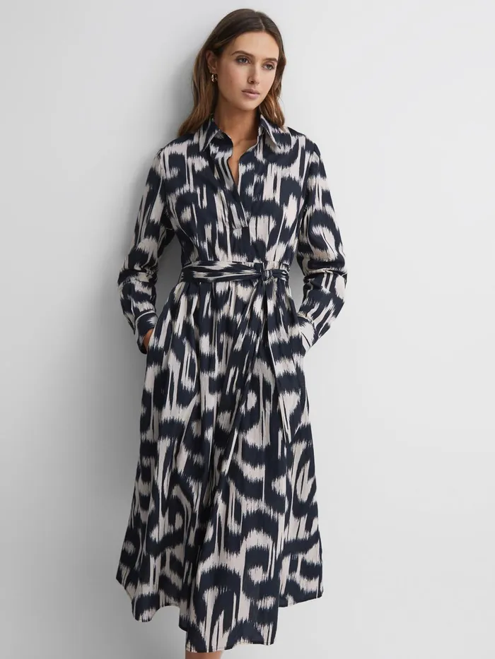 Women Cleo Printed Belted Midi Dress Blackcream Reiss Dresses