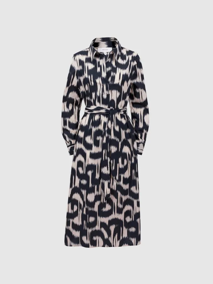 Women Cleo Printed Belted Midi Dress Blackcream Reiss Dresses