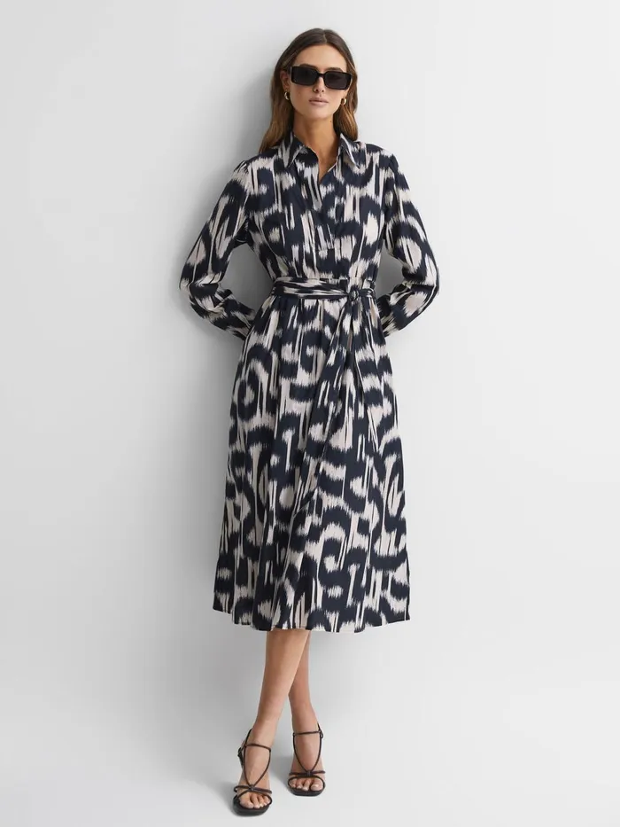 Women Cleo Printed Belted Midi Dress Blackcream Reiss Dresses