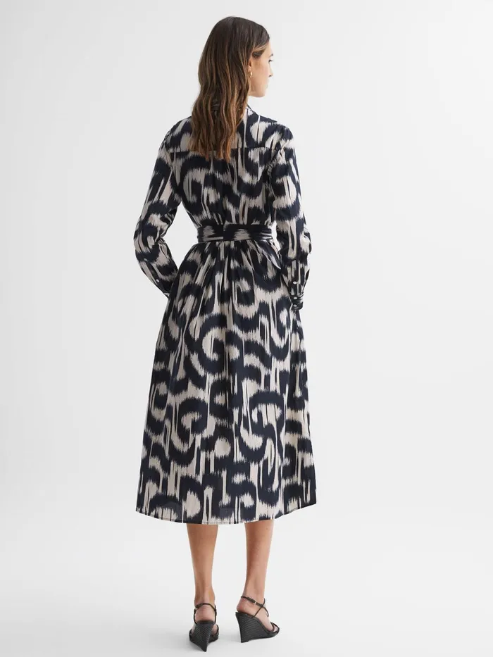 Women Cleo Printed Belted Midi Dress Blackcream Reiss Dresses