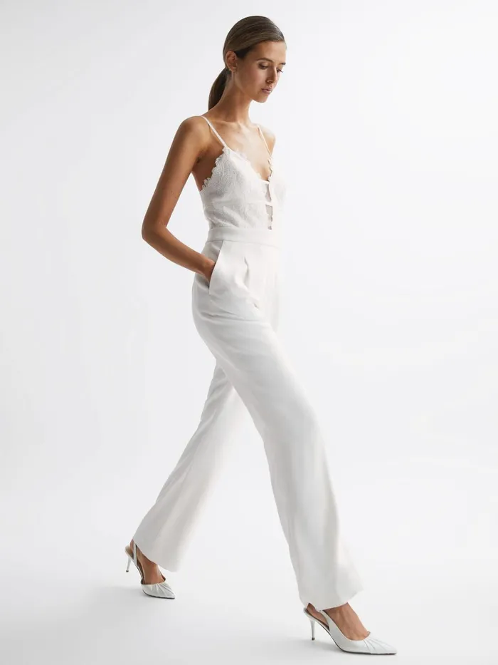 Women Cora Lace Plunge Neck Jumpsuit Ivory Reiss Jumpsuits