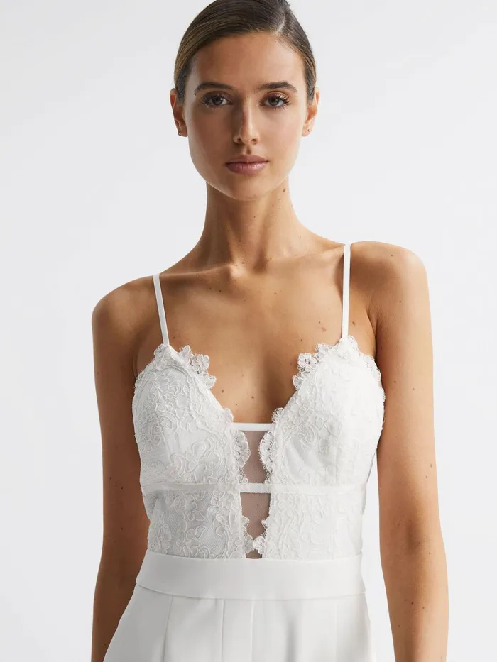 Women Cora Lace Plunge Neck Jumpsuit Ivory Reiss Jumpsuits
