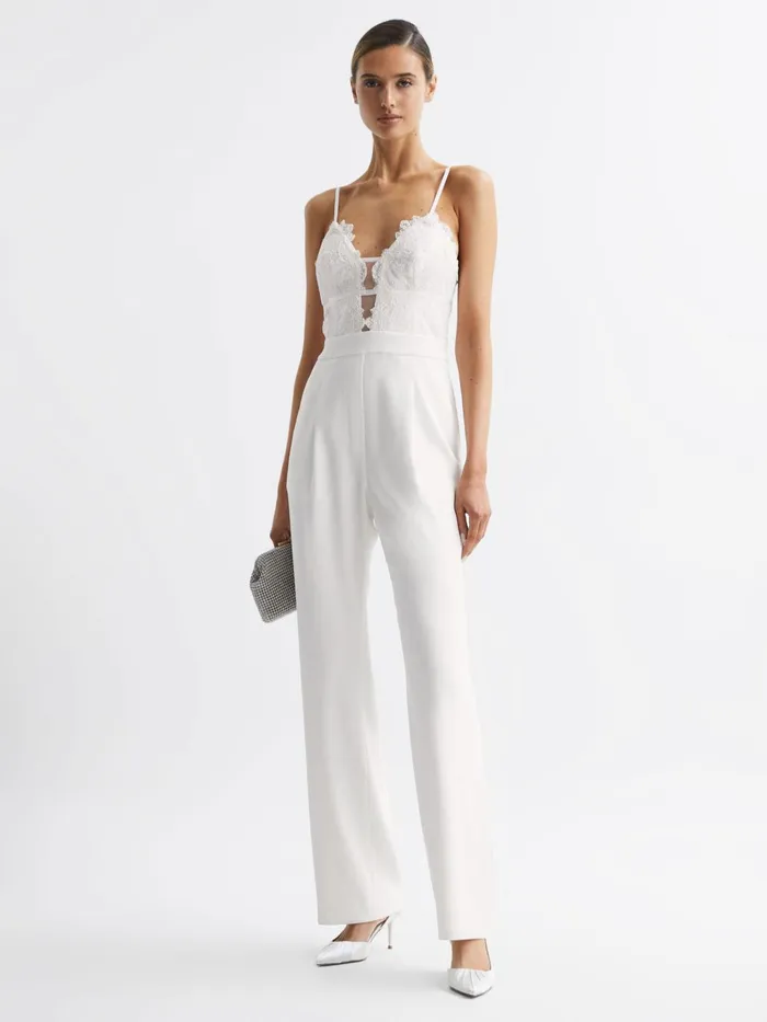 Women Cora Lace Plunge Neck Jumpsuit Ivory Reiss Jumpsuits