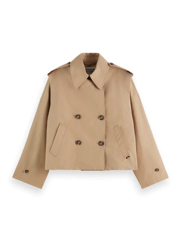 Women Cotton Blend Short Trenchcoat Desert Sand Scotch and Soda Jackets and Coats