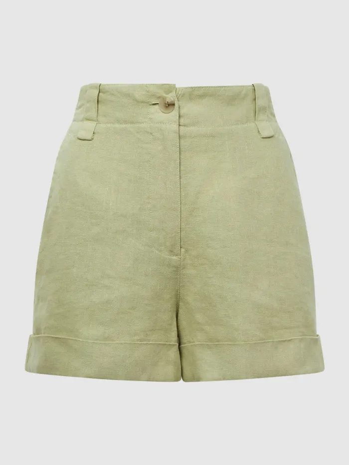 Women Demi Linen High Rise Garment Dyed Shorts Green Reiss Shorts