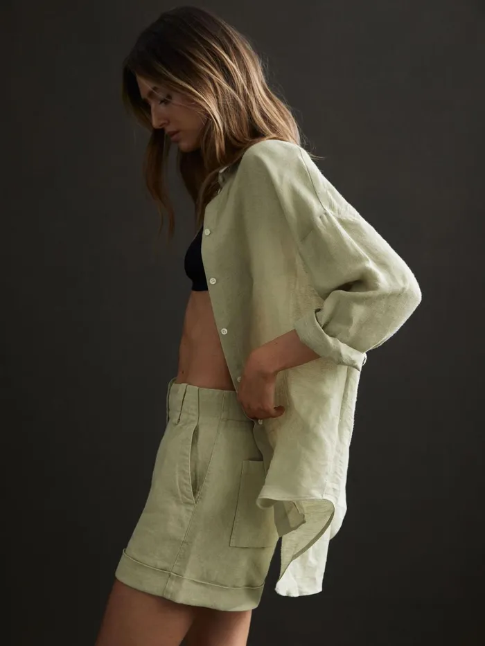 Women Demi Linen High Rise Garment Dyed Shorts Green Reiss Shorts