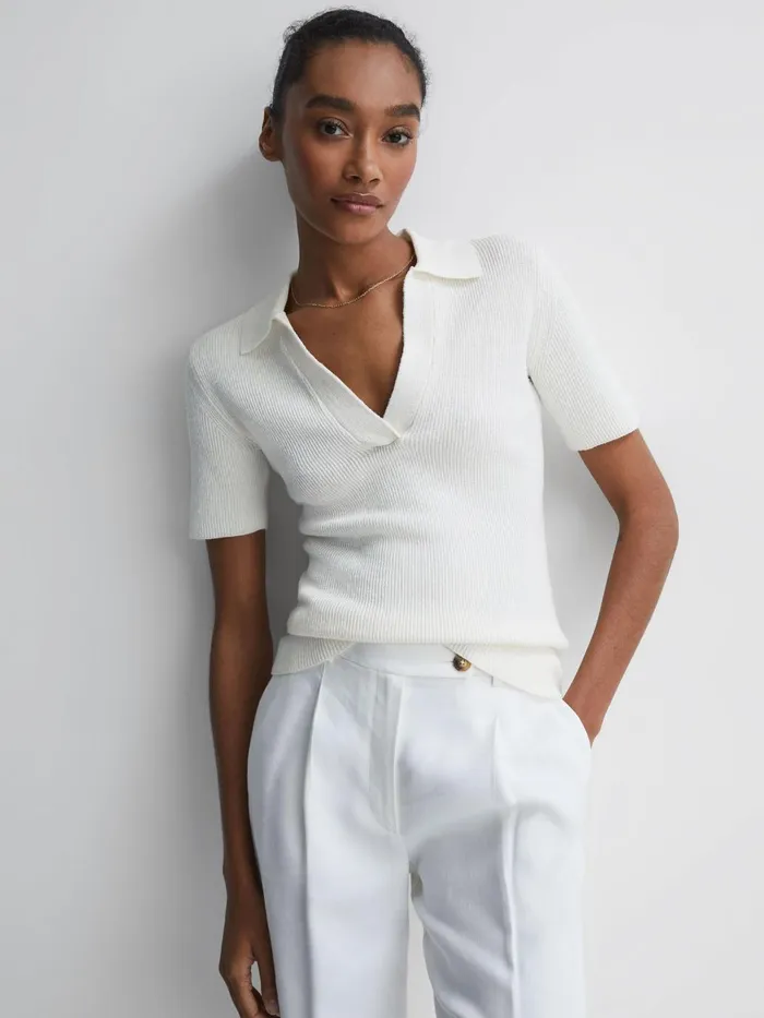 Women Devin VNeck Collared Knit Top Ivory Reiss Knitwear