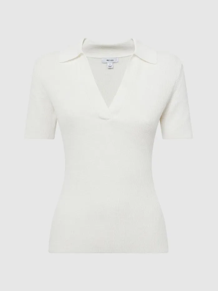 Women Devin VNeck Collared Knit Top Ivory Reiss Knitwear