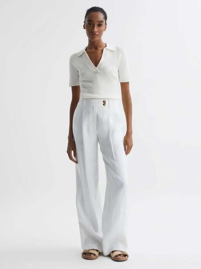 Women Devin VNeck Collared Knit Top Ivory Reiss Knitwear
