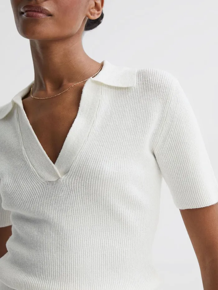 Women Devin VNeck Collared Knit Top Ivory Reiss Knitwear