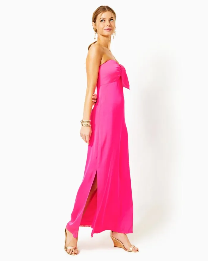 Women Dresses Lilly Pulitzer Carlynn Satin Maxi Bow Dress Pink Palms Women Dresses Lilly Pulitzer Carlynn Satin Maxi Bow Dress Pink Palms