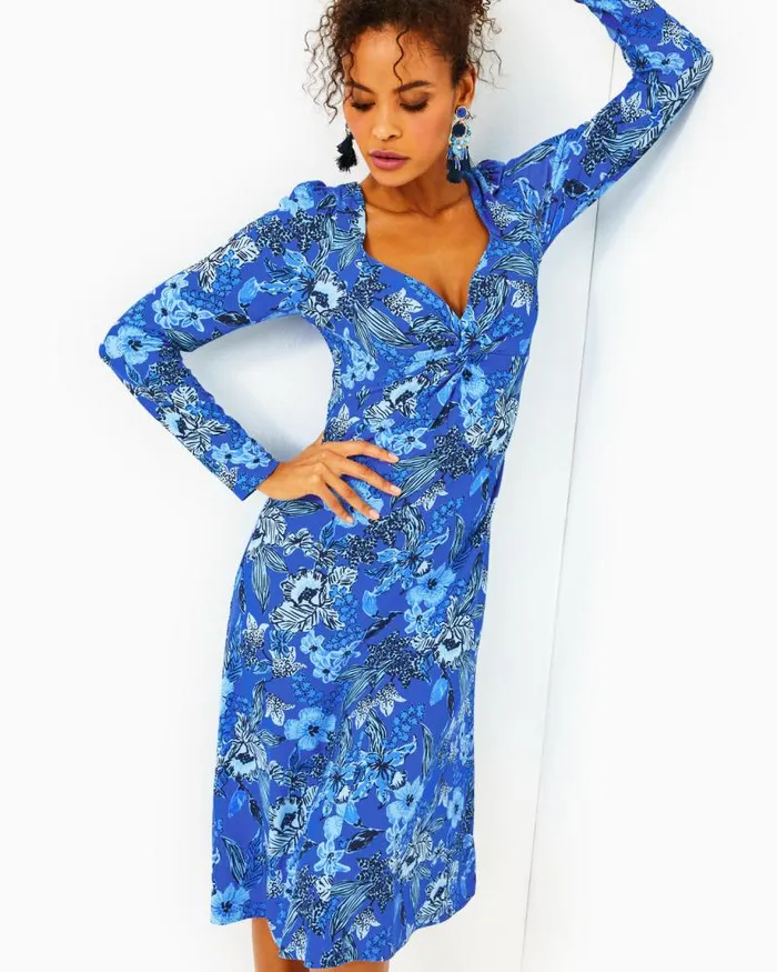 Women Dresses Lilly Pulitzer Claudia TwistFront Midi Dress Alba Blue Cruisin Together