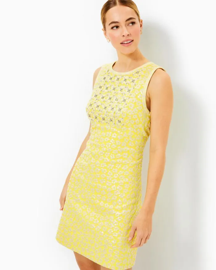 Women Dresses Lilly Pulitzer Karsyn Shift Dress Finch Yellow Bitsy Blossom Brocade