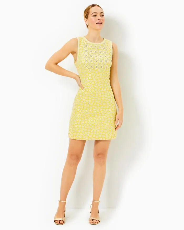 Women Dresses Lilly Pulitzer Karsyn Shift Dress Finch Yellow Bitsy Blossom Brocade