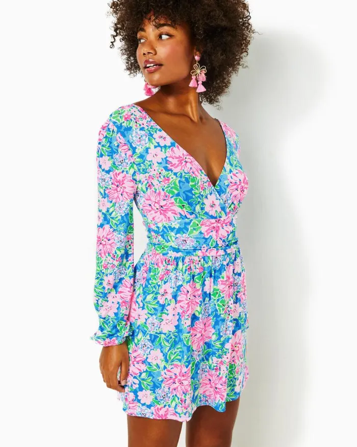 Women Dresses Lilly Pulitzer Riza Long Sleeve Romper Low Tide Navy Bouquet All Day