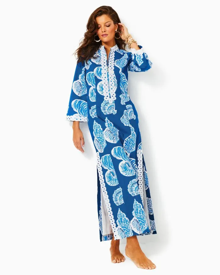 Women Dresses Lilly Pulitzer Shealyn Stretch Maxi Caftan Barton Blue Shell Of A Good Time Oversized