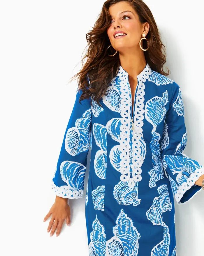 Women Dresses Lilly Pulitzer Shealyn Stretch Maxi Caftan Barton Blue Shell Of A Good Time Oversized
