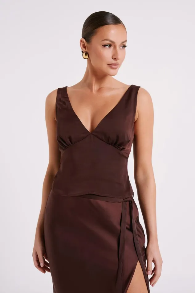 Women Edie Satin Top 8211 Dark Chocolate Darkchocolate Meshki Sleeveless Tops