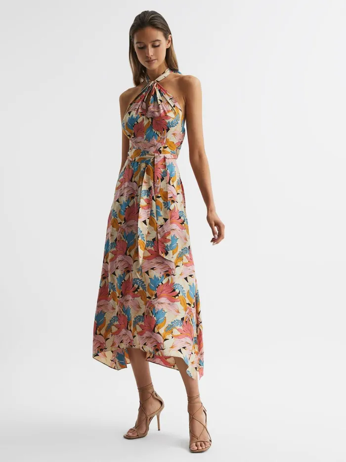 Women Electra Floral Printed Halter Neck Midi Dress Pinkneutral Reiss Dresses