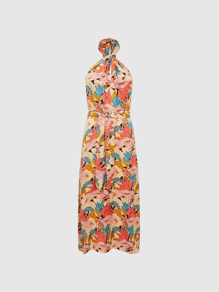 Women Electra Floral Printed Halter Neck Midi Dress Pinkneutral Reiss Dresses
