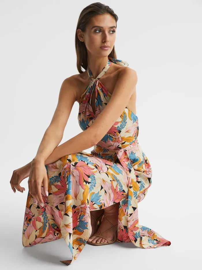 Women Electra Floral Printed Halter Neck Midi Dress Pinkneutral Reiss Dresses