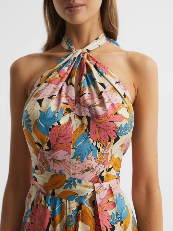 Women Electra Floral Printed Halter Neck Midi Dress Pinkneutral Reiss Dresses