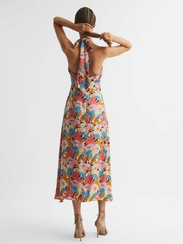 Women Electra Floral Printed Halter Neck Midi Dress Pinkneutral Reiss Dresses