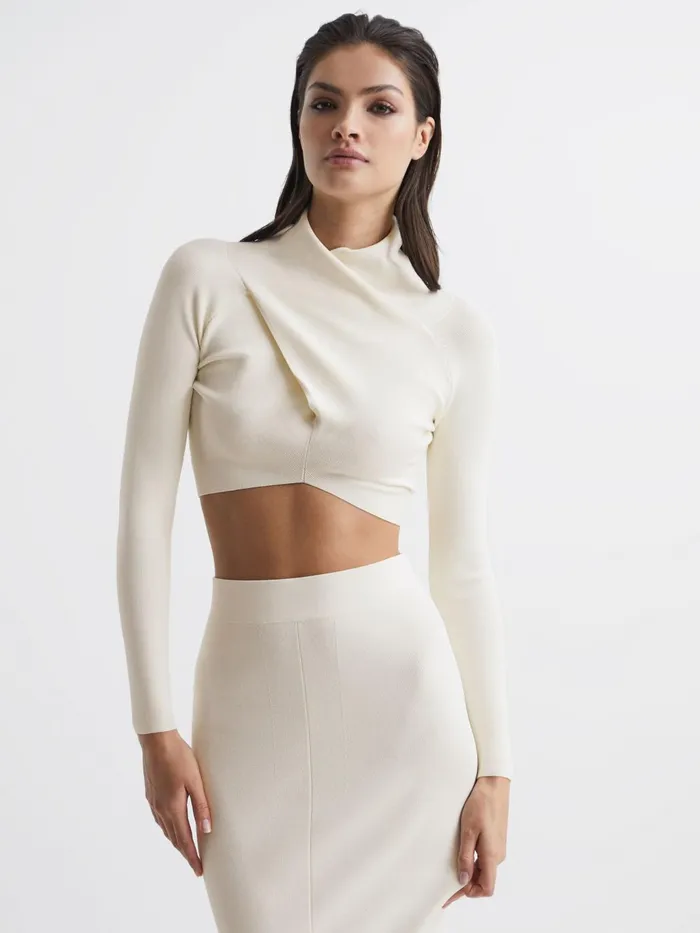 Women Elsie High Neck Cropped Co Ord Top Coral Reiss Knitwear