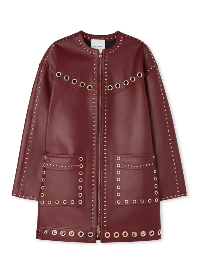 Women Embellished Doubleface Leather Coat Dark Cranberry St John Jackets and Coats
